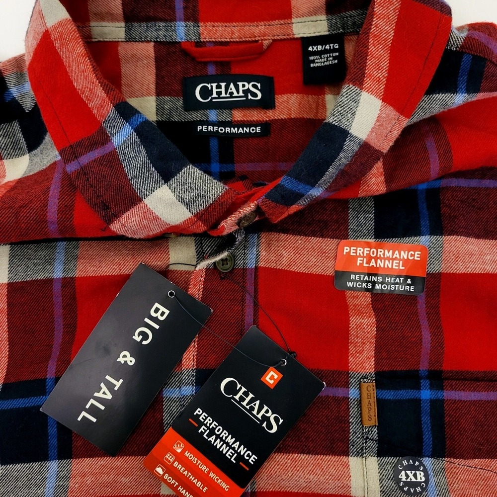 Chaps Mens Performance Flannel Shirt Red Plaid Big and Tall 4XB Moisture Wicking